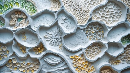 Poster - Textured white cement wall with intricate natural patterns and colors for artistic backgrounds and design projects.