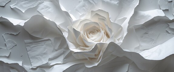 Poster - Textured white paper background featuring a delicate paper rose, ideal for use in creative projects and elegant designs.