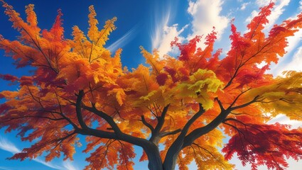 Poster - Vibrant autumn foliage against a serene blue sky showcasing the beauty of fall nature and trees in full colorful bloom.