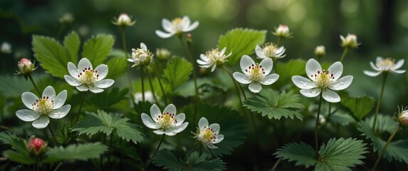 Poster - Wild Strawberries Blossoming in Lush Forest with Green Leaves and Delicate White Flowers Representing Nature's Herbal Wonders
