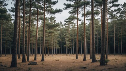 Poster - Pine forest landscape with tall trees creating a serene atmosphere and ample empty space for adding text or graphic elements.