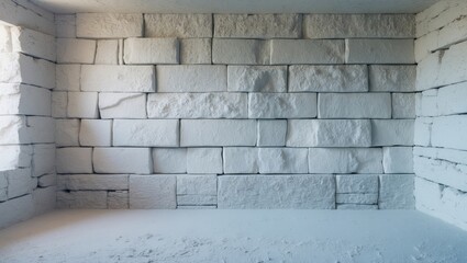 Poster - Whitewashed solid stone wall texture wide panoramic view light gray rough surface suitable for backgrounds and architectural designs.