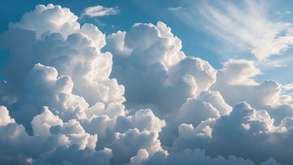 Poster - Majestic white clouds billowing in a bright blue sky with soft light creating a serene and uplifting atmosphere.