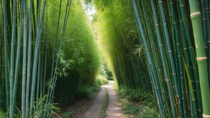 Poster - Lush Bamboo Thicket with Serene Pathway on a Bright Summer Day Creating a Peaceful Natural Retreat for Wanderers and Nature Lovers