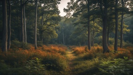 Poster - Serene Pathway Through Vibrant Wild Forest Surrounded by Lush Greenery and Autumnal Foliage in Soft Morning Light