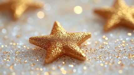 Poster - Glittery gold stars on sparkling surface, bokeh background, festive decor