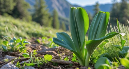Poster - Wild Garlic Plant Growing In Natural Landscape With Empty Space For Text Perfect For Culinary Or Nature Themed Designs