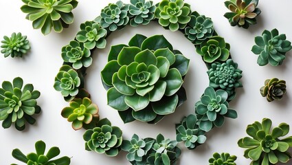 Poster - Succulent plant arrangement in a circular pattern featuring various sizes of green sedum leaves isolated on a white background.