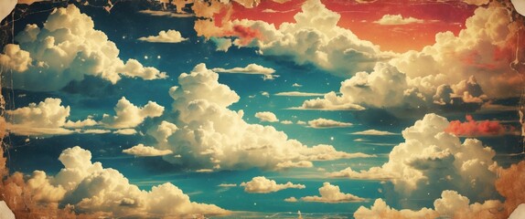 Poster - Vintage paper texture featuring a retro sky pattern with clouds and a warm, colorful gradient background ideal for artistic designs.