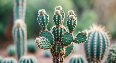 Poster - Thorny cactus tree with green hues and a blurred background, providing ample space for inserting text or graphic elements.