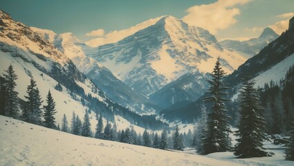 Poster - Serene Winter Landscape in Majestic Mountains with Snow-Covered Pines and Expansive Copy Space for Text Overlays