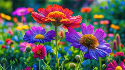 Poster - Colorful Summer Flowers in a Vibrant Garden Close-Up with Space for Text and Creative Designs
