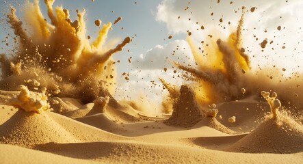 Poster - Golden sand explosion creating dynamic waves and clouds in a high-speed freeze motion against a contrasting white background.