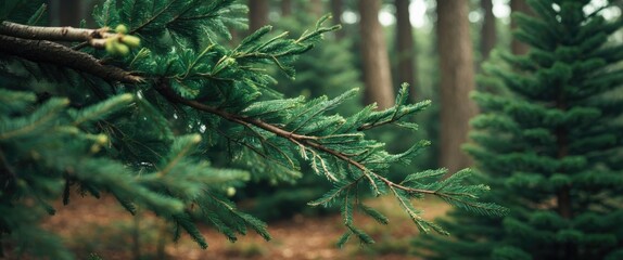 Poster - Close-up of lush green Christmas tree branches thriving in a serene forest setting, showcasing the beauty of evergreen nature.