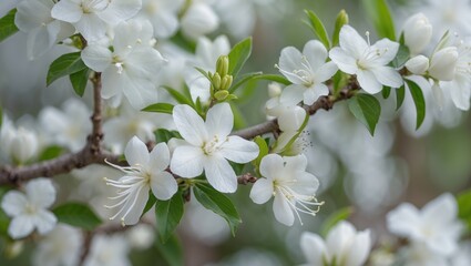 Poster - Delicate white jasmine flowers on a branch showcasing spring's beauty with empty space for text and a fresh nature backdrop.