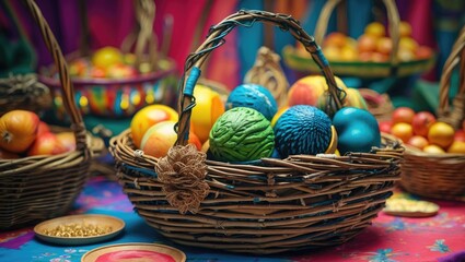 Poster - Handcrafted Wicker Basket with Colorful Decorative Fruits in Vibrant Exhibition Setting Representing Artisan Handmade Products