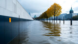 A waterfront scene shows flooded trees and buildings under a cloudy sky, highlighting the impact of rising water levels.