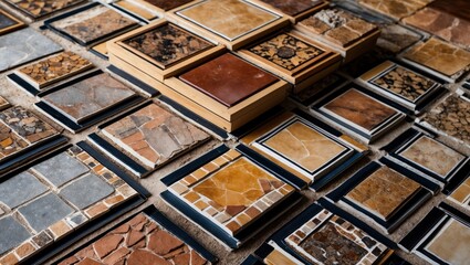 Poster - Tile texture assortment with various designs and colors displayed on a natural background showcasing craftsmanship and quality materials.