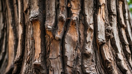 Wall Mural - textured close-up of an aged tree trunk showcasing intricate patterns and dry bark details against a