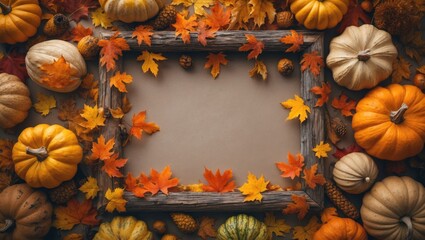Poster - Autumn Harvest Frame with Colorful Leaves and Pumpkins Creating a Warm Seasonal Background for Text and Creative Designs