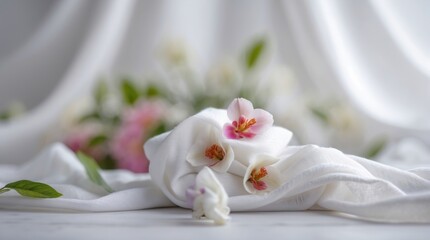 Poster - Elegant white fabric with delicate flowers, softly blurred background creating a peaceful and serene atmosphere for creative compositions.