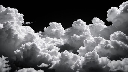 Poster - Fluffy White Clouds Isolated on Black Background Dramatic Cloudscape Creating Contrast in Nature Black and White Aesthetic