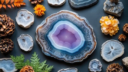 Poster - Colorful natural agate slice surrounded by various stones and botanicals on a dark background showcasing unique textures and patterns.