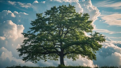Poster - Lush green tree silhouette against a dramatic cloud-filled sky. Nature's tranquility and beauty captured in a stunning landscape scene.