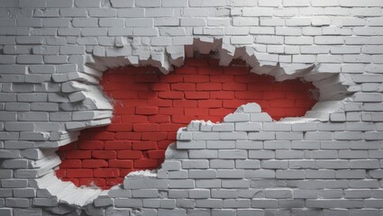 Poster - White brick wall with a large cracked section revealing vibrant red bricks underneath creating a striking contrast and texture.