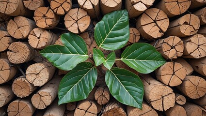 Poster - Cork tree leaves arranged on stacked logs showcasing nature's contrast between greenery and wood texture.