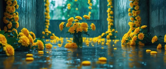 Poster - Raindrops on a wet concrete floor adorned with vibrant yellow flowers creating a serene and peaceful atmosphere in a lush setting.
