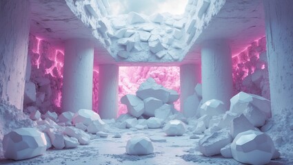 Poster - Abstract white stone architecture with illuminated walls and textured surfaces creating a surreal, modern interior space.