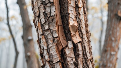 Poster - Detailed close-up of textured tree bark with visible cracks and layers highlighting natural wood characteristics in a forest setting.