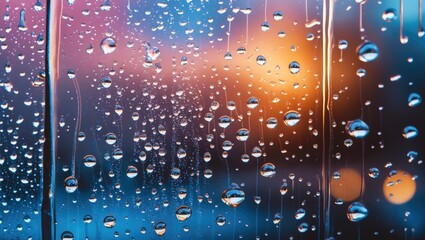 Poster - Abstract close-up of condensation droplets on a window pane with vibrant background colors creating a dreamy and whimsical atmosphere