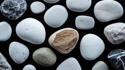 Poster - White and grey stones arranged on a black background showcasing unique textures and shapes for natural aesthetics and design inspiration.