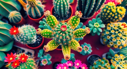 Poster - Vibrant top view of a diverse cactus garden showcasing unique shapes and colors in a harmonious arrangement of succulent plants.
