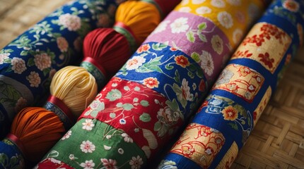 Poster - Vibrant collection of traditional Korean wrapping cloths with intricate patterns and colorful threads on a textured background.