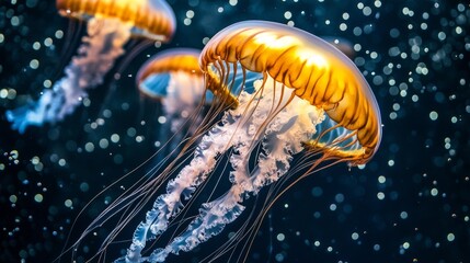 Poster - Glowing jellyfish gracefully swimming in dark ocean waters, illuminated by bioluminescent light, surreal marine life. Underwater exploration and wonder concept