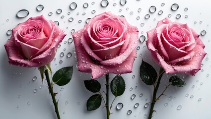 Poster - Three beautiful pink roses with water droplets on petals arranged on a white background symbolizing freshness and elegance.
