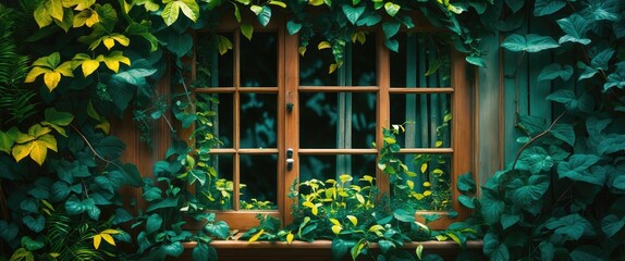 Poster - Wooden window framed by lush green and yellow foliage creating a serene natural atmosphere in a rustic setting
