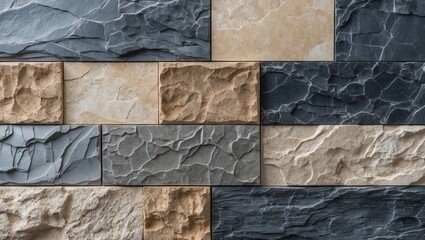 Poster - Multicolored travertine stone texture in a patterned wall tile arrangement showcasing natural ruggedness and elegance.
