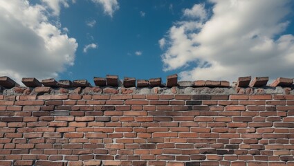 Poster - Brick wall with uneven top against a bright blue sky and fluffy clouds, highlighting texture and contrast in an outdoor setting.