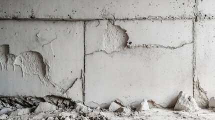 Poster - Textured white concrete wall with cracks and debris, suitable for architectural and design projects.