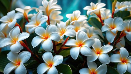 Poster - Stunning white plumeria flowers with vibrant yellow accents and lush green leaves against a tranquil backdrop suitable for text overlay.