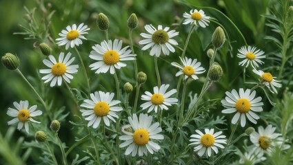 Poster - Wild chamomiles blooming in vibrant green foliage creating a natural, textured background ideal for botanical and nature-themed projects.