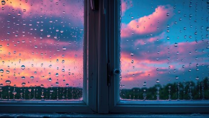 Poster - Raindrops on a window reflecting a colorful sunset sky creating a serene and tranquil atmosphere.