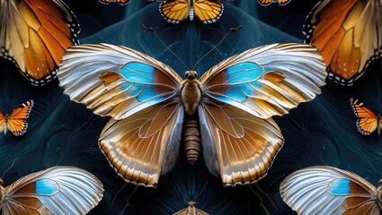 Poster - Magnified view of butterfly wings showcasing intricate textures and vibrant colors against a dark, natural background for a striking visual effect
