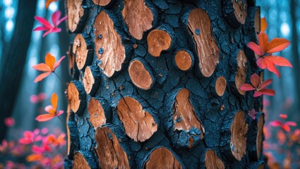 Poster - Textured Tree Bark with Colorful Leaves in a Forest Setting Ideal for Nature and Background Imagery
