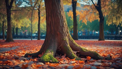 Poster - Majestic tree trunk with textured bark surrounded by vibrant autumn leaves in a serene city park setting.