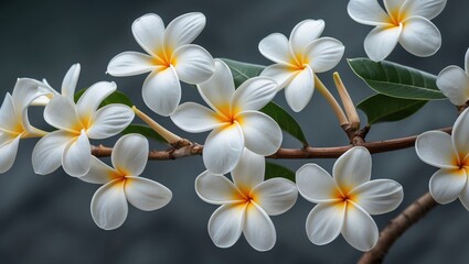 Poster - White Plumeria Flowers on Branch with Soft Focus Background and Space for Text or Graphics